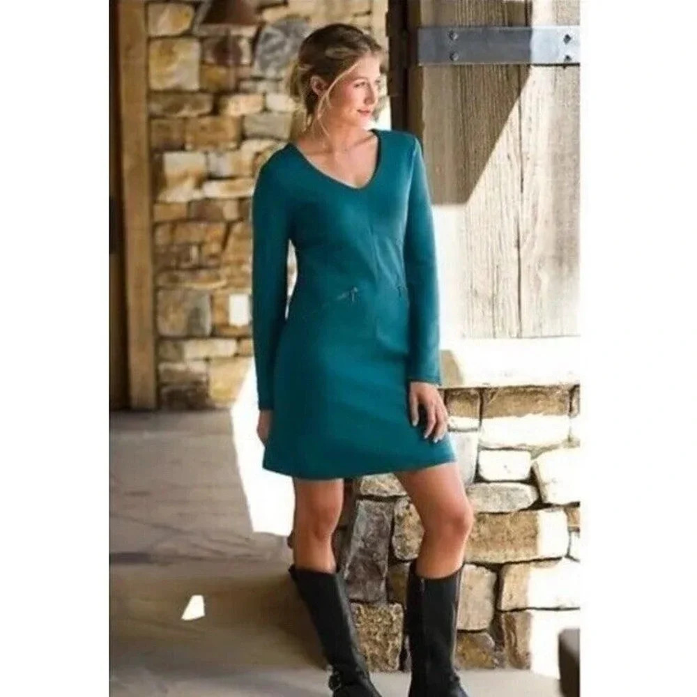 Athleta Celebration A-Line Dress Ponte Knit Zip Pockets Teal Women’s Size M